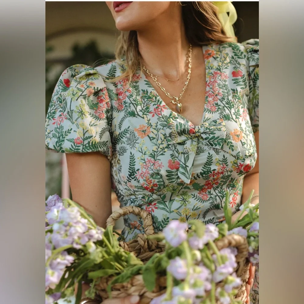 NEW Ivy City Co Avalon Floral Brocade Midii Puff Sleeve Bow Dress Sz 16 - Picture 4 of 17